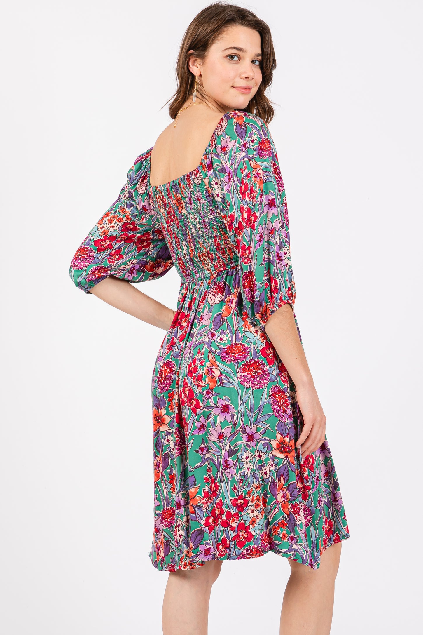Green Floral Smocked Knee-Length Dress Green Floral Smocked Knee-Length Dress