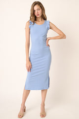 Light Blue Ribbed Ruffle Shoulder Side Slit Maternity Midi Dress