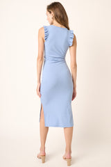 Light Blue Ribbed Ruffle Shoulder Side Slit Midi Dress
