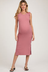 Mauve Ribbed Ruffle Shoulder Side Slit Maternity Midi Dress