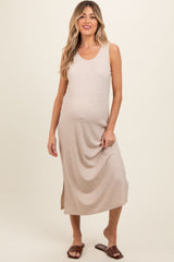 Beige Ribbed Sleeveless Maternity Midi Dress