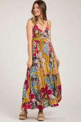 Multi-Color Floral V-Neck Front Knot Tiered Maternity Maxi Dress