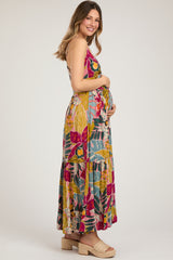 Multi-Color Floral V-Neck Front Knot Tiered Maternity Maxi Dress