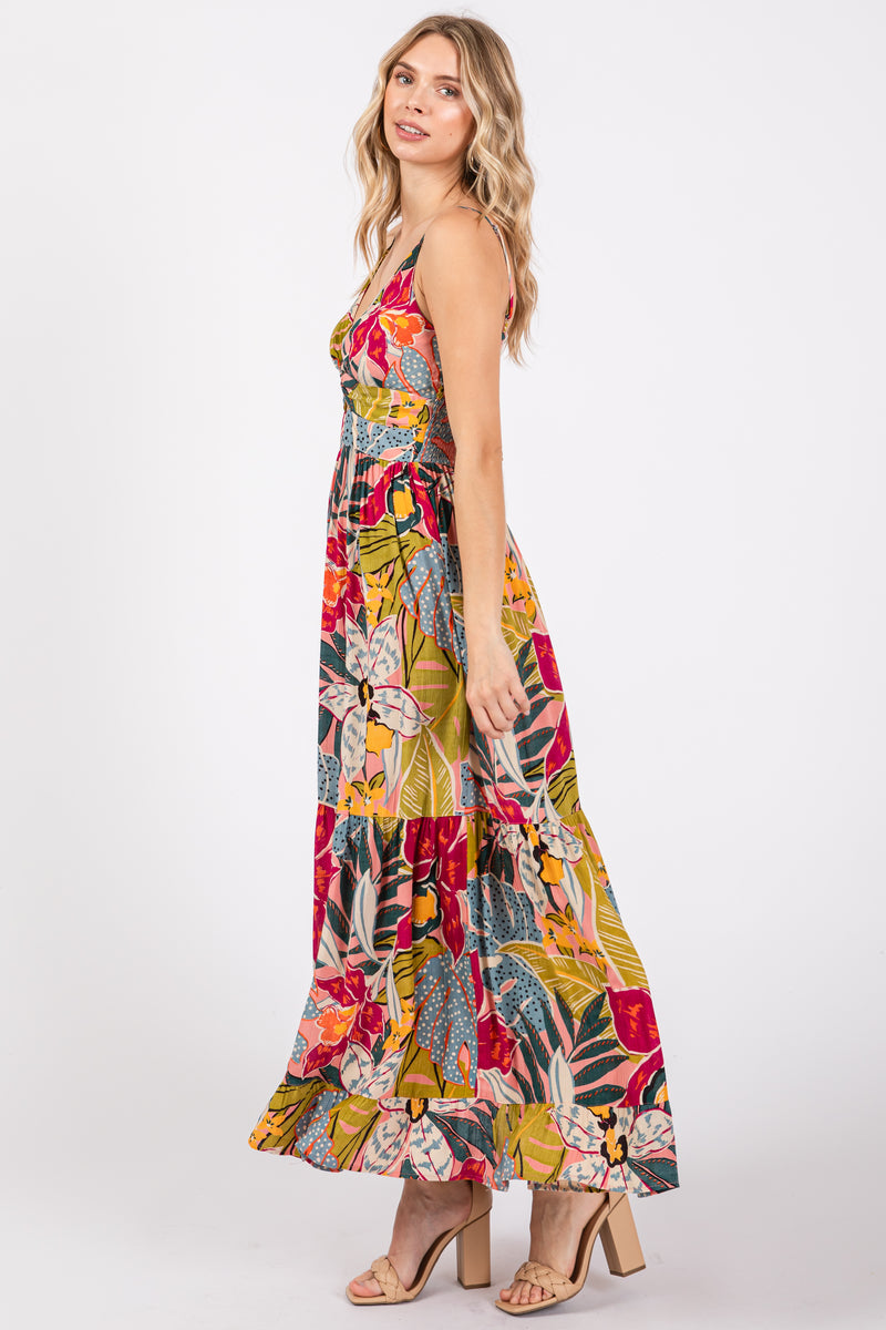 Floral V-Neck Flowy Tiered Maxi Dress