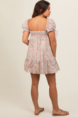 Cream Floral Sweetheart Neck Short Puff Sleeve Maternity Dress