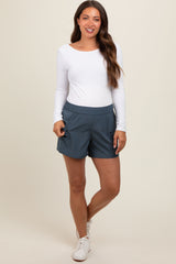 Navy Blue Elastic Waist Side Pocket Active Maternity Shorts