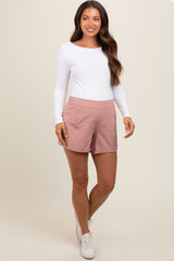 Pink Elastic Waist Side Pocket Active Maternity Shorts