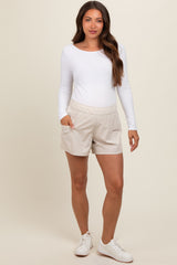 Beige Elastic Waist Side Pocket Active Maternity Shorts