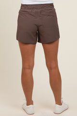 Brown Elastic Waist Side Pocket Active Maternity Shorts