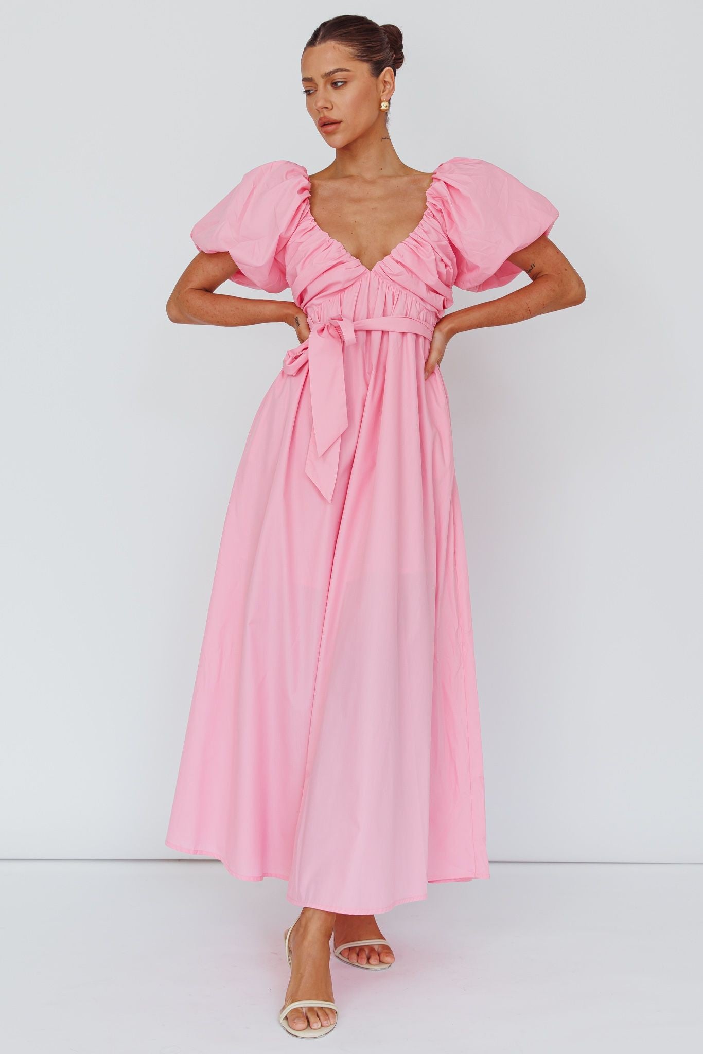 Pink Balloon Sleeve V Neckline Maxi Dress Pink Balloon Sleeve V Neckline Maxi Dress