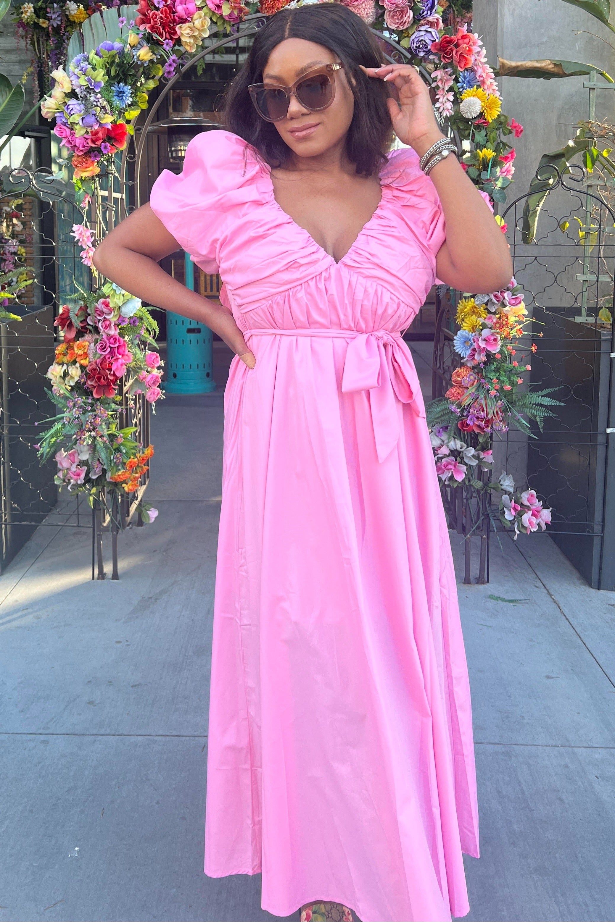 Pink Balloon Sleeve V Neckline Maxi Dress – PinkBlush