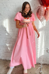 Pink Balloon Sleeve V Neckline Maxi Dress
