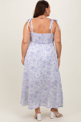 White Blue Floral Tie Strap Plus Maxi Dress