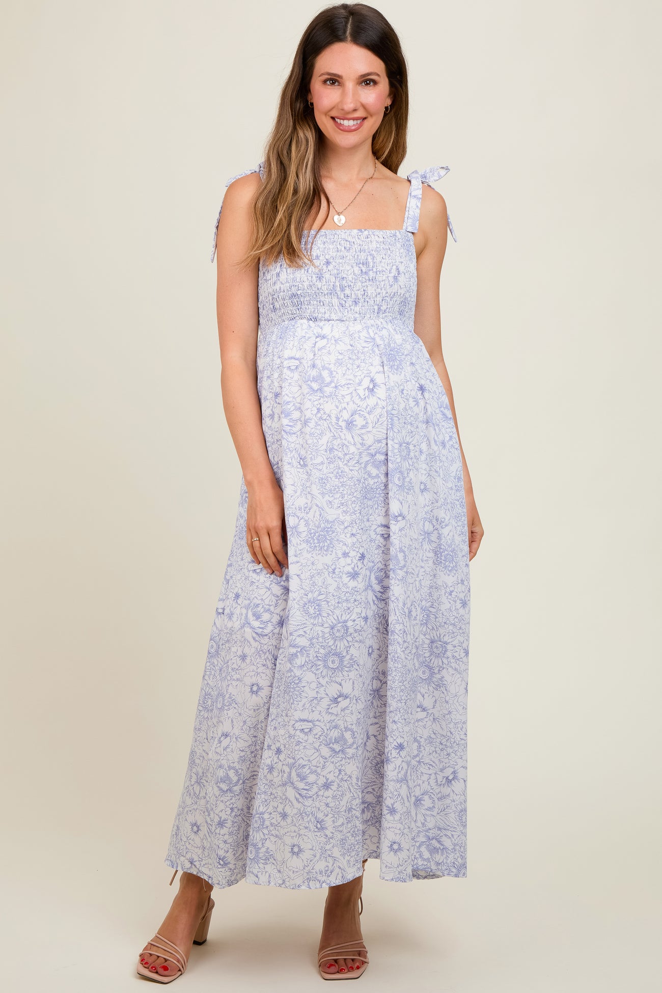 White Floral Shoulder Tie Maternity Dress PinkBlush White Floral Shoulder Tie Maternity Dress PinkBlush