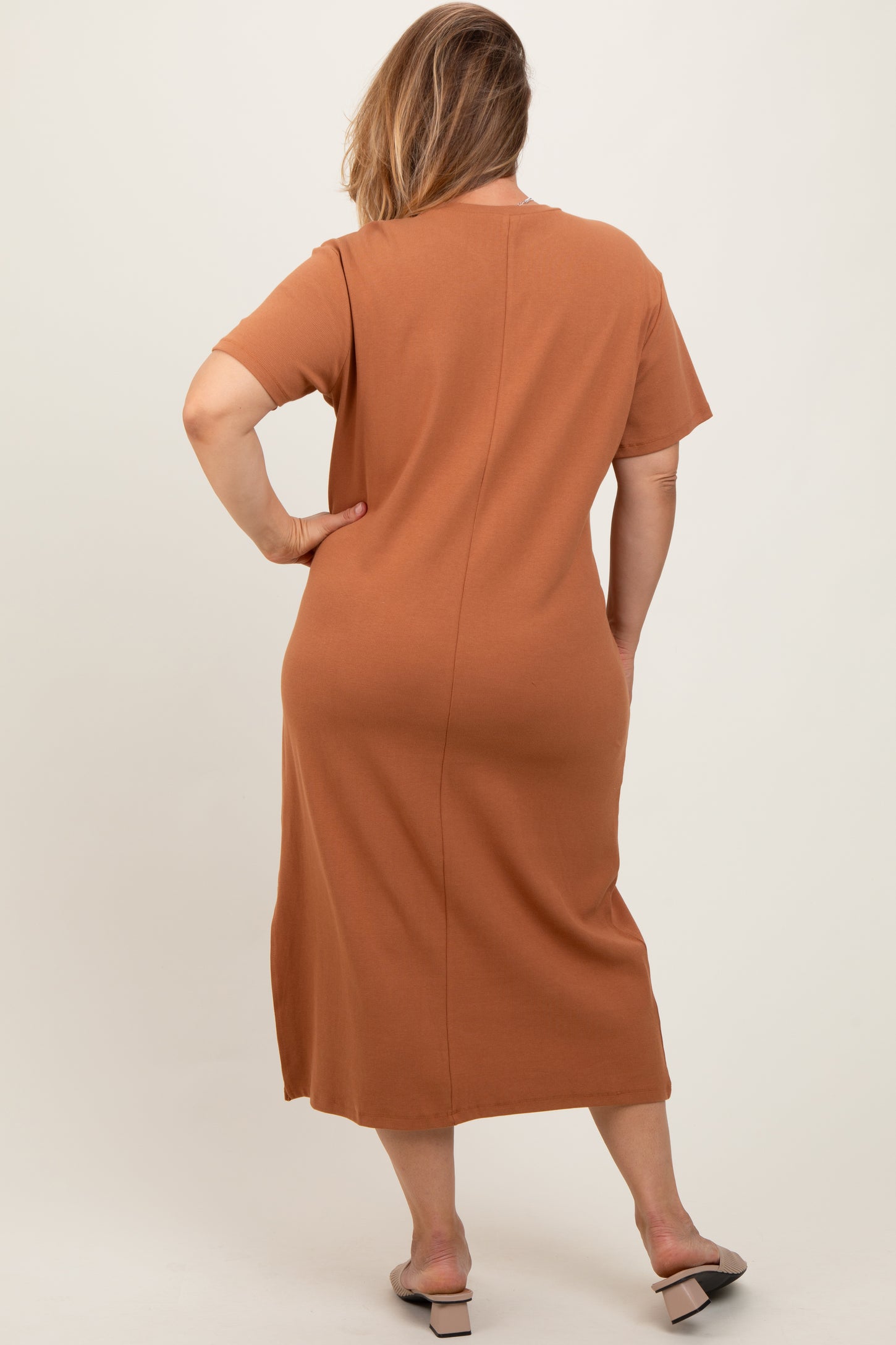 Camel Short Sleeve Side Slit Maternity Plus T-Shirt Midi Dress
