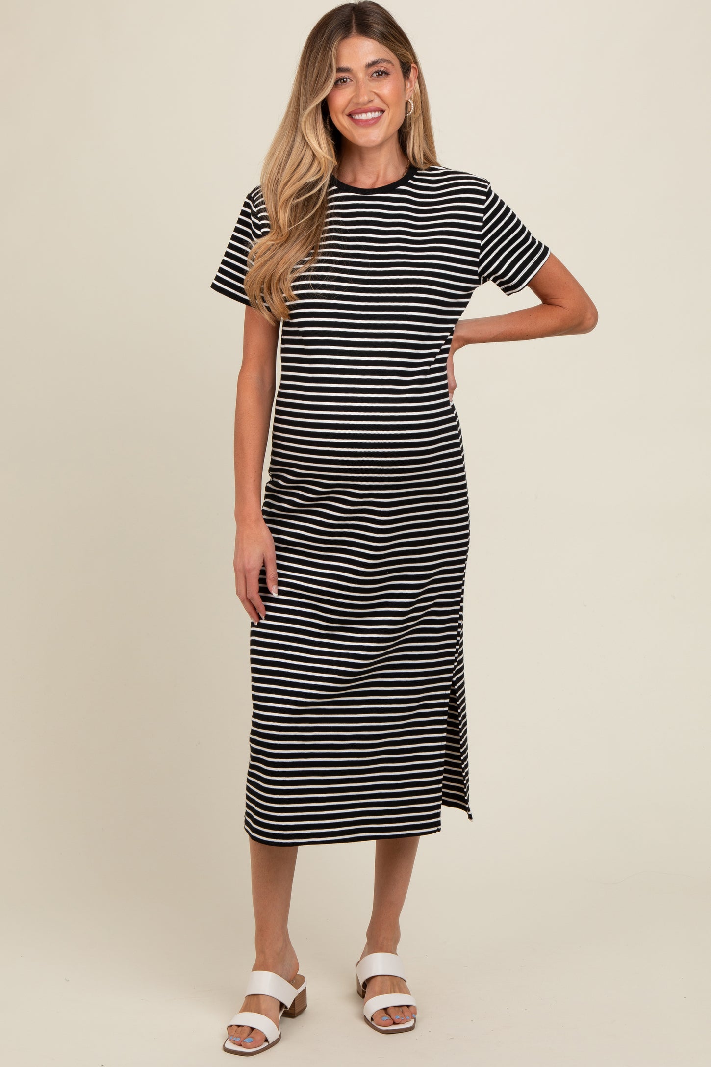 Black Striped Short Sleeve Maternity T-Shirt Midi Dress Black Striped Short Sleeve Maternity T-Shirt Midi Dress