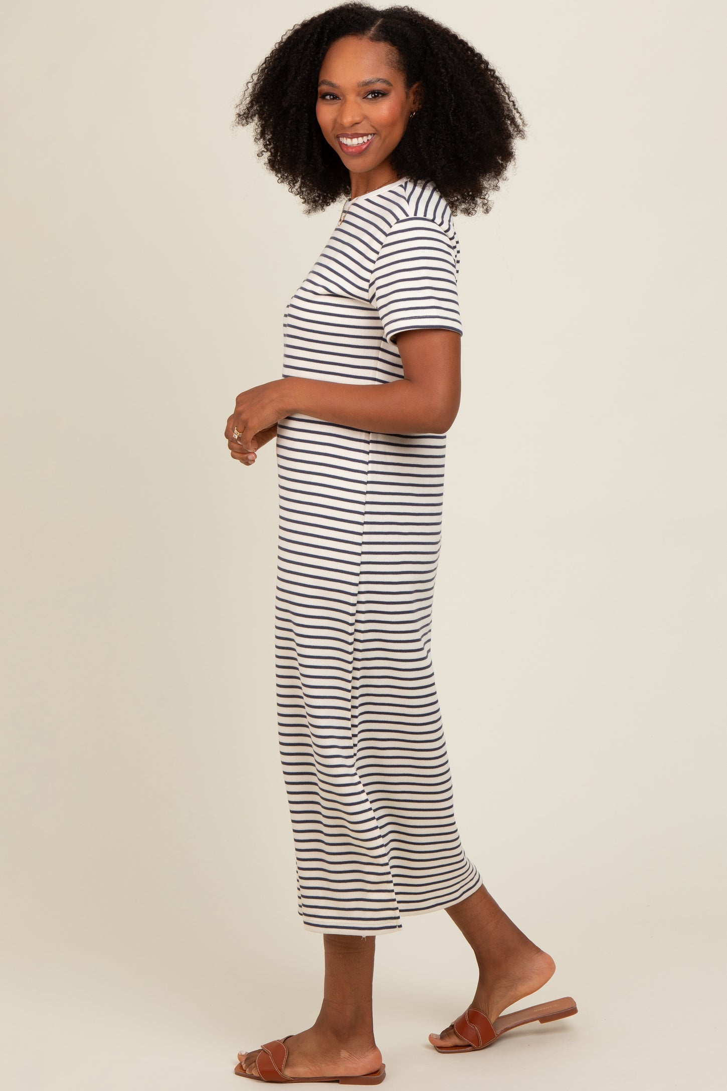 Navy Striped Short Sleeve T-Shirt Midi Dress