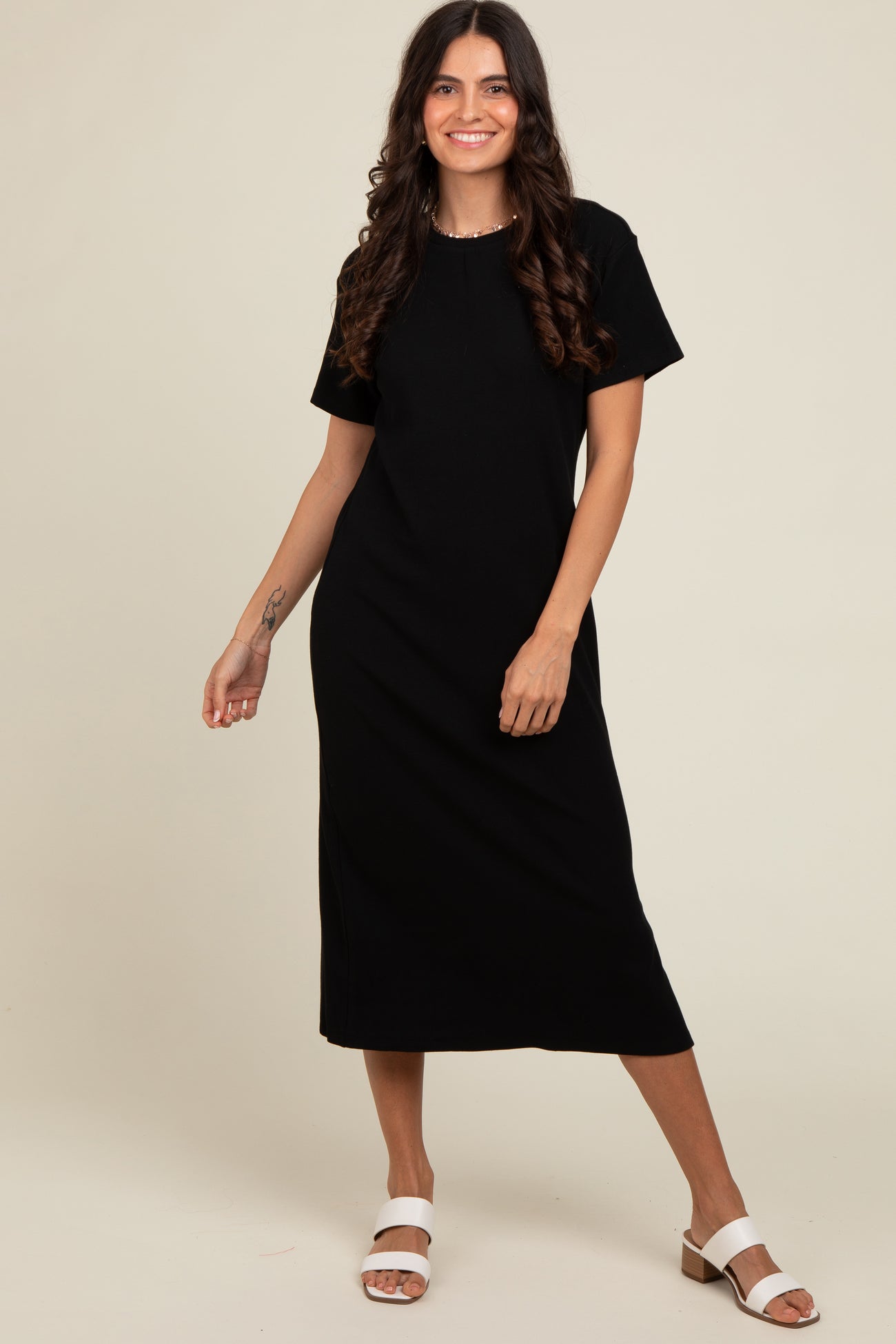 Black Short Sleeve Side Slit T-Shirt Midi Dress – PinkBlush