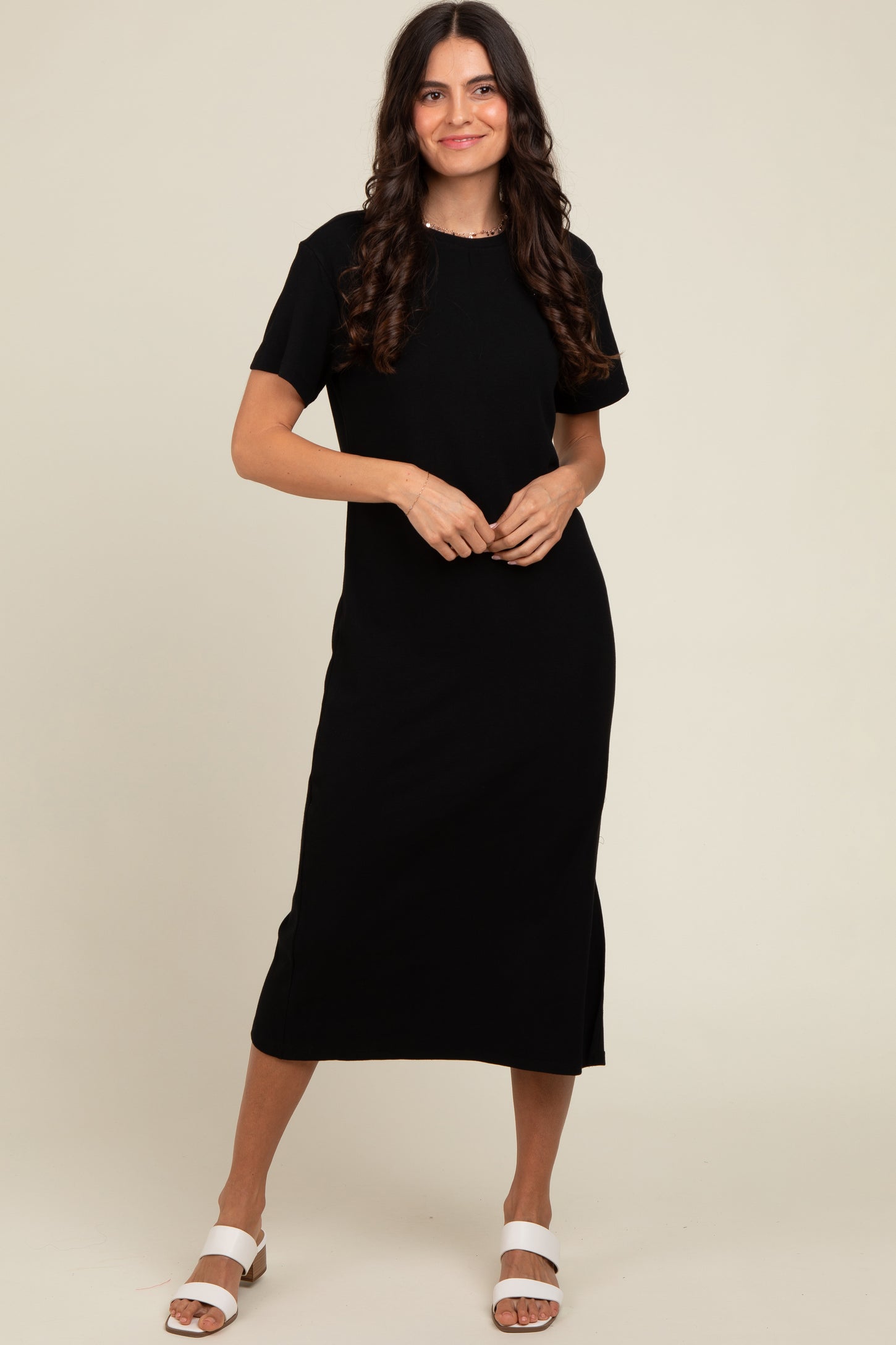Black Short Sleeve Side Slit T-Shirt Midi Dress Black Short Sleeve Side Slit T-Shirt Midi Dress