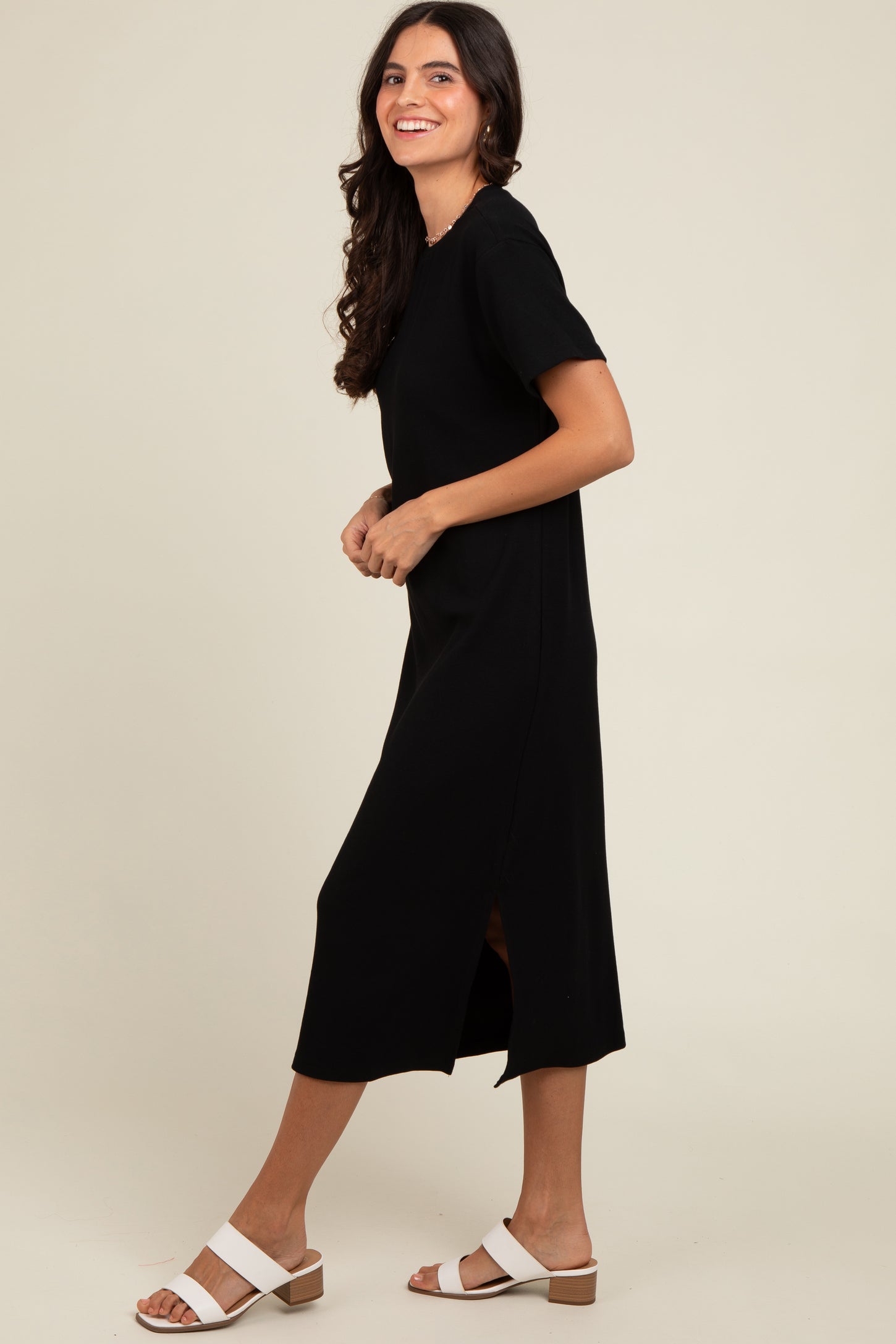Black Short Sleeve Side Slit T-Shirt Midi Dress Black Short Sleeve Side Slit T-Shirt Midi Dress