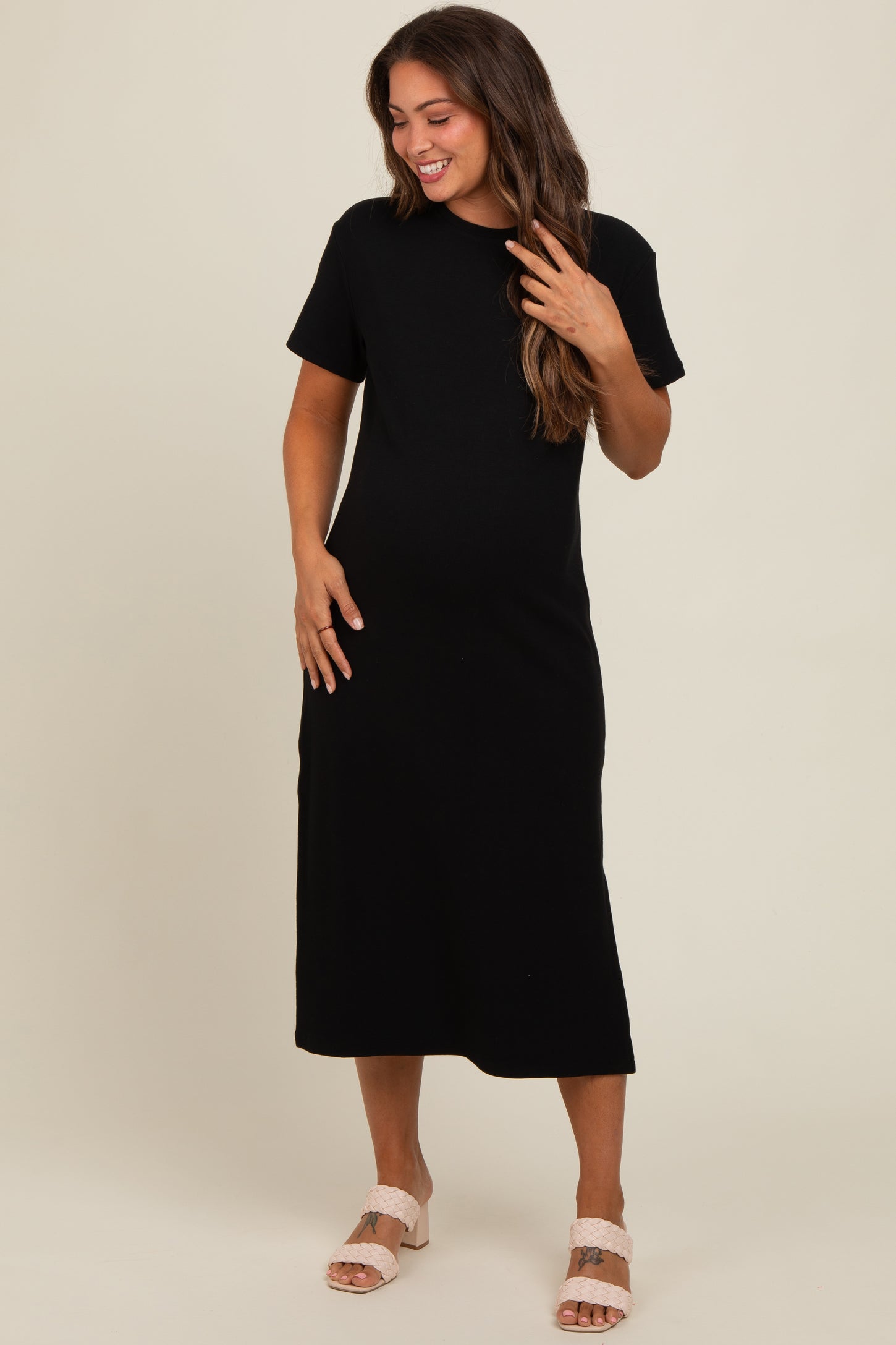 black maternity t shirt dress Black Cotton T-Shirt Maternity Midi Dress