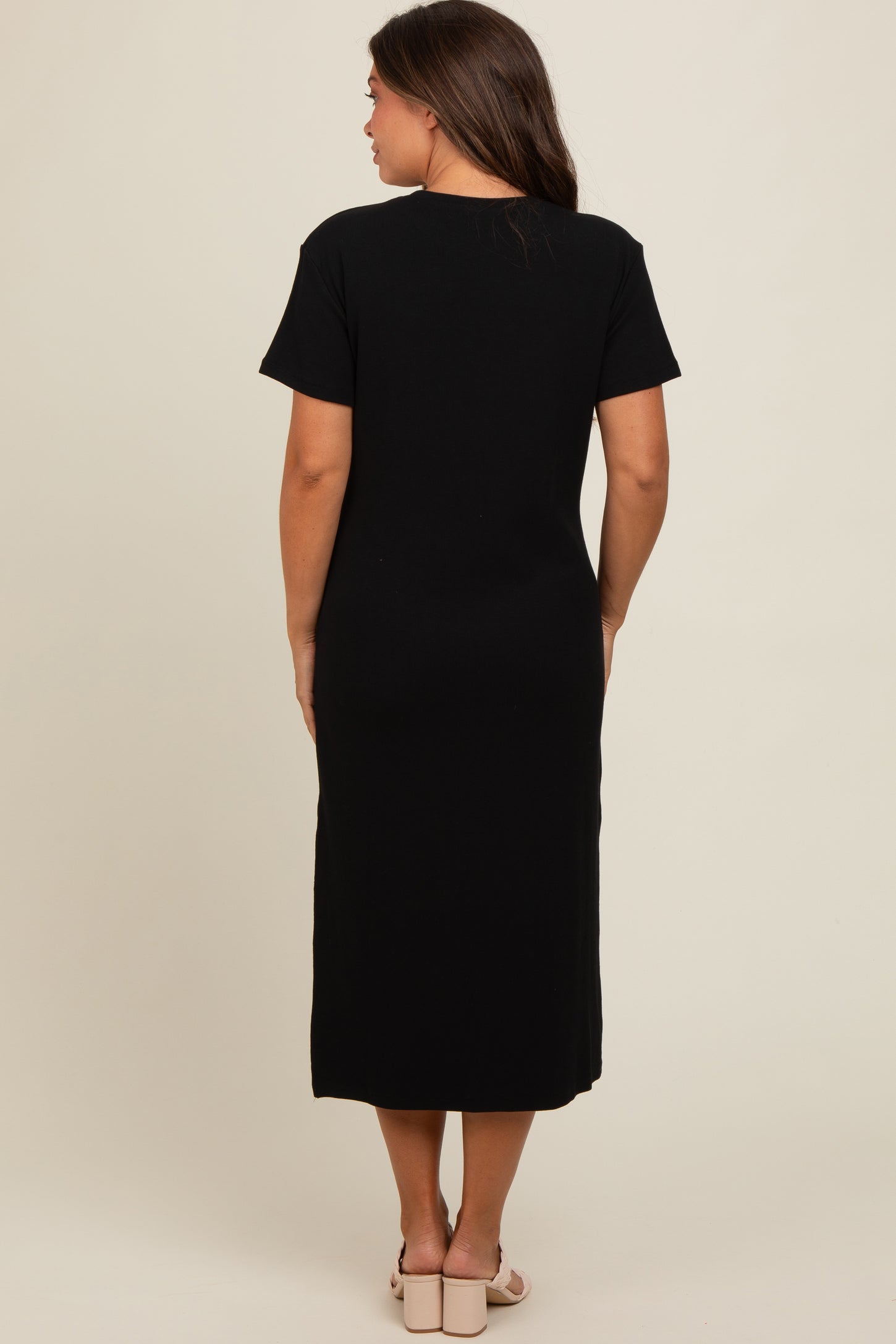 Black Short Sleeve Side Slit Maternity T-Shirt Midi Dress PinkBlush Black Short Sleeve Side Slit Maternity T-Shirt Midi Dress PinkBlush