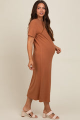 Camel Short Sleeve Side Slit Maternity T-Shirt Midi Dress
