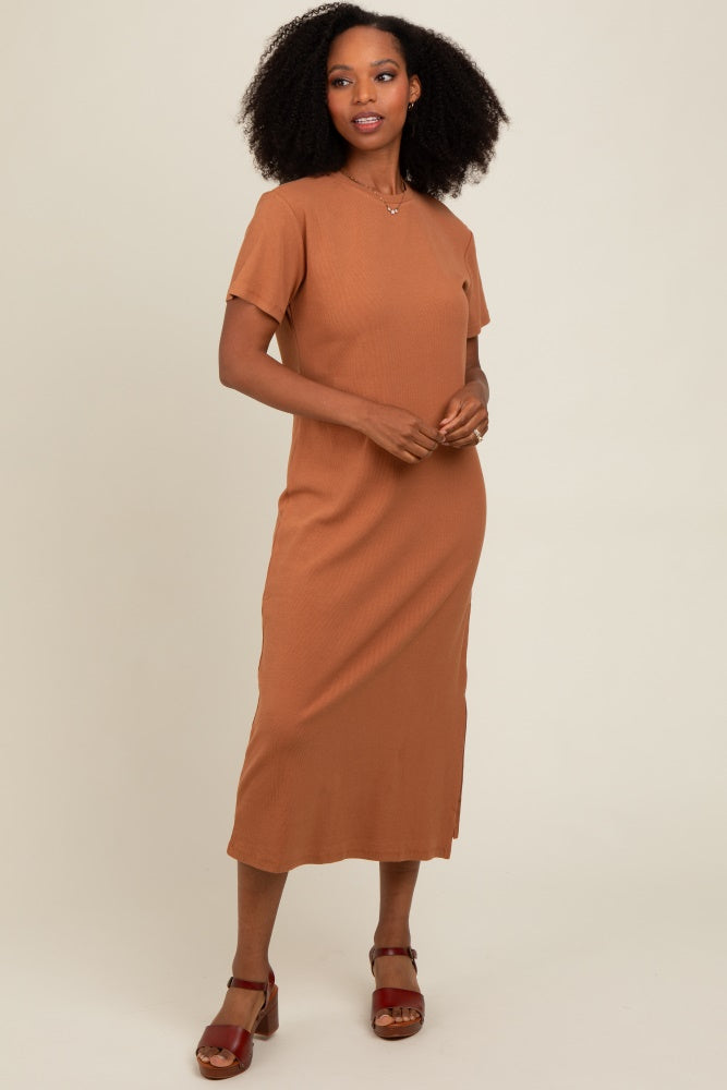 Camel Short Sleeve Side Slit T-Shirt Midi Dress Camel Short Sleeve Side Slit T-Shirt Midi Dress
