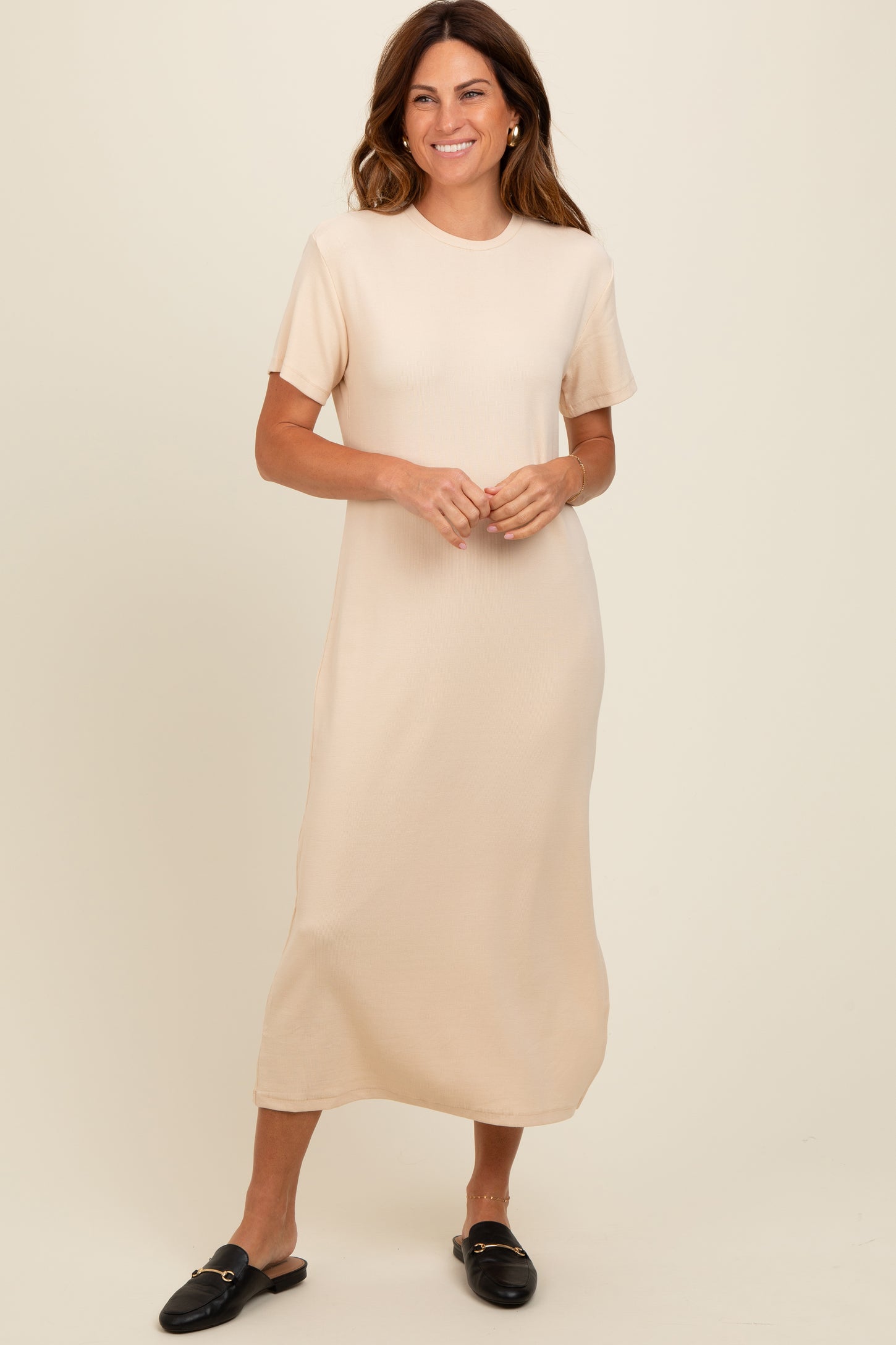 Cream Short Sleeve Side Slit T-Shirt Midi Dress PinkBlush Cream Short Sleeve Side Slit T-Shirt Midi Dress PinkBlush
