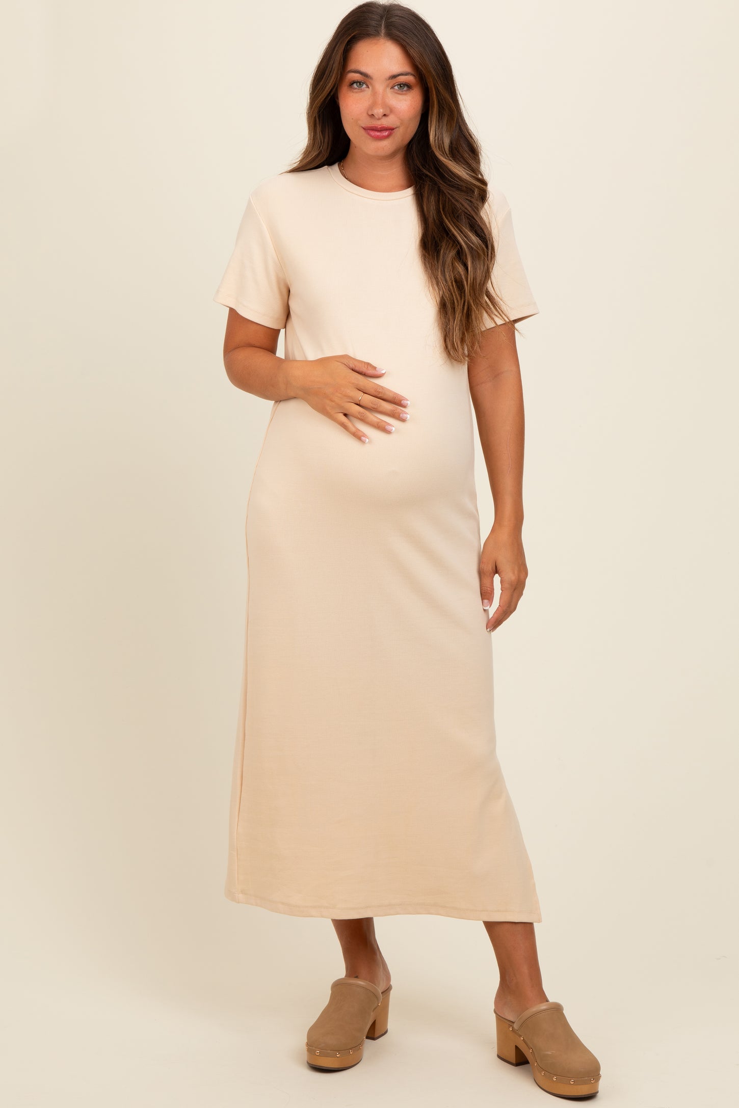 Cream Short Sleeve Side Slit Maternity T-Shirt Midi Dress PinkBlush Cream Short Sleeve Side Slit Maternity T-Shirt Midi Dress PinkBlush