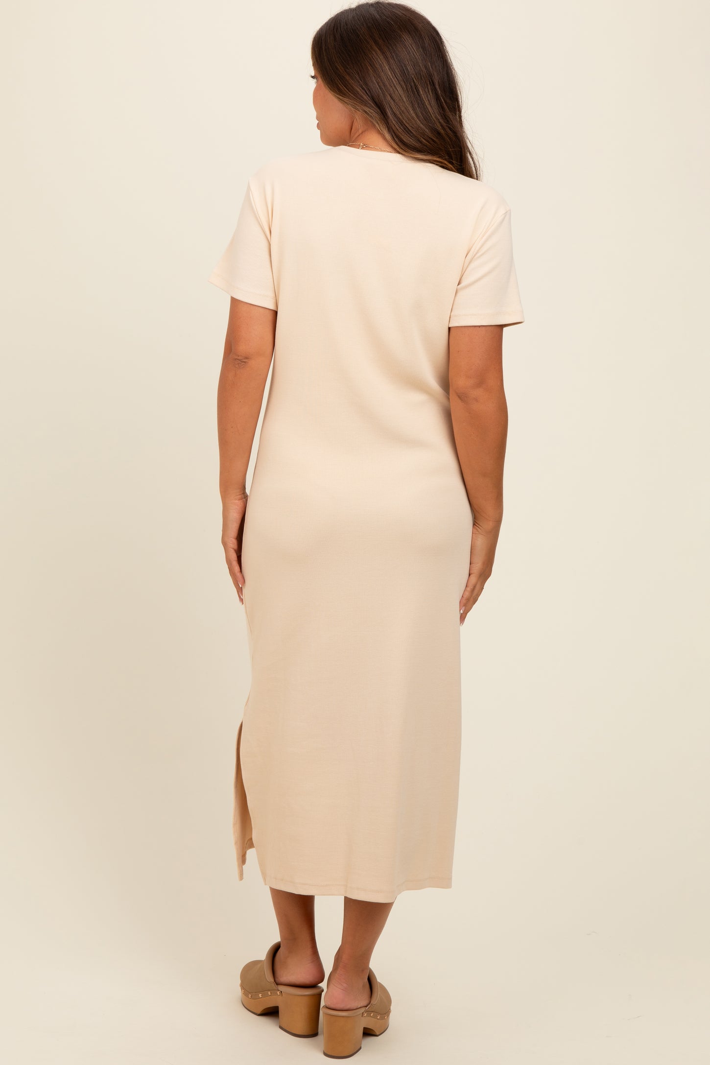 Cream Short Sleeve Side Slit Maternity T-Shirt Midi Dress PinkBlush Cream Short Sleeve Side Slit Maternity T-Shirt Midi Dress PinkBlush