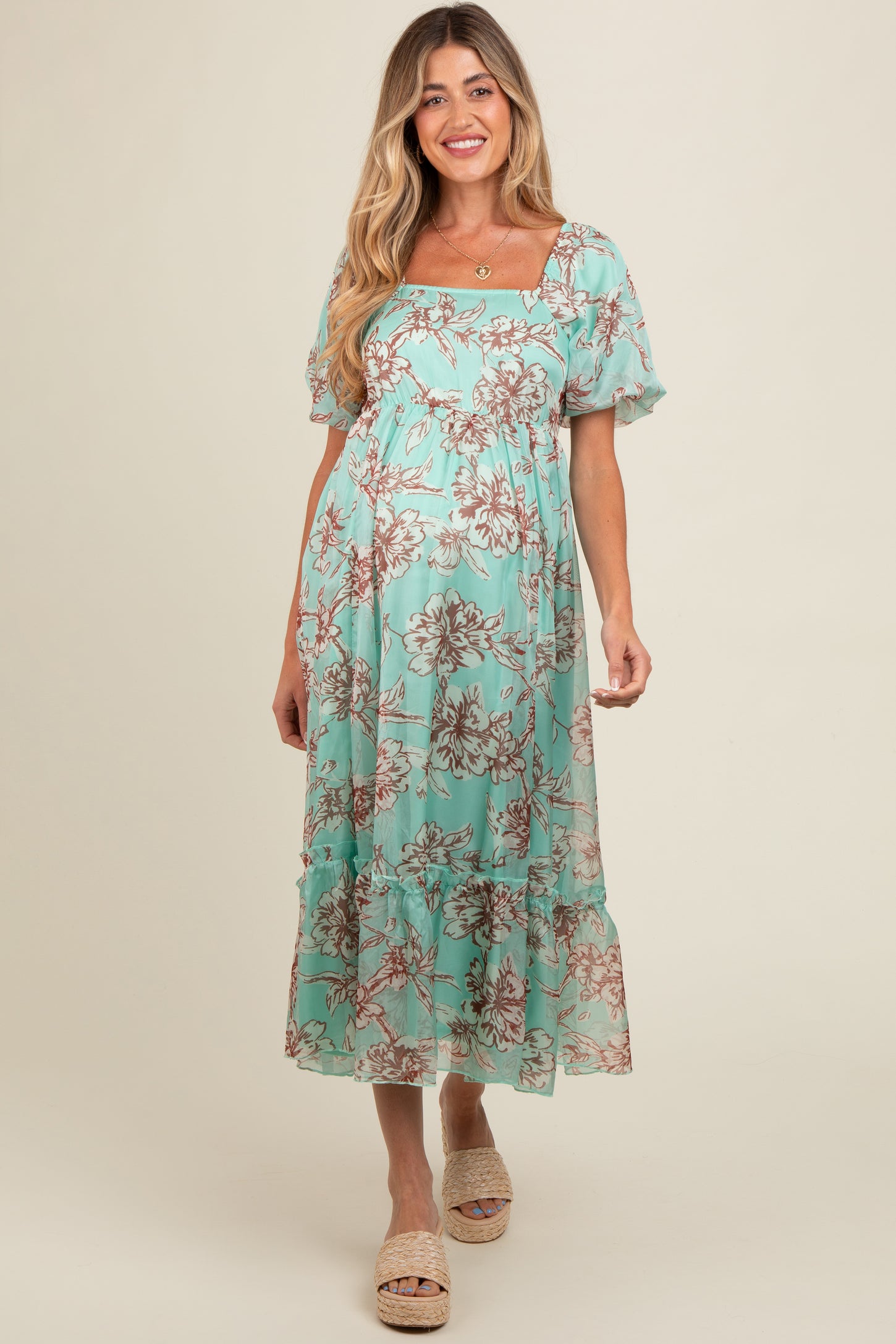 Mint Green Floral Chiffon Ruffle Hem Maternity Midi Dress Mint Green Floral Chiffon Ruffle Hem Maternity Midi Dress