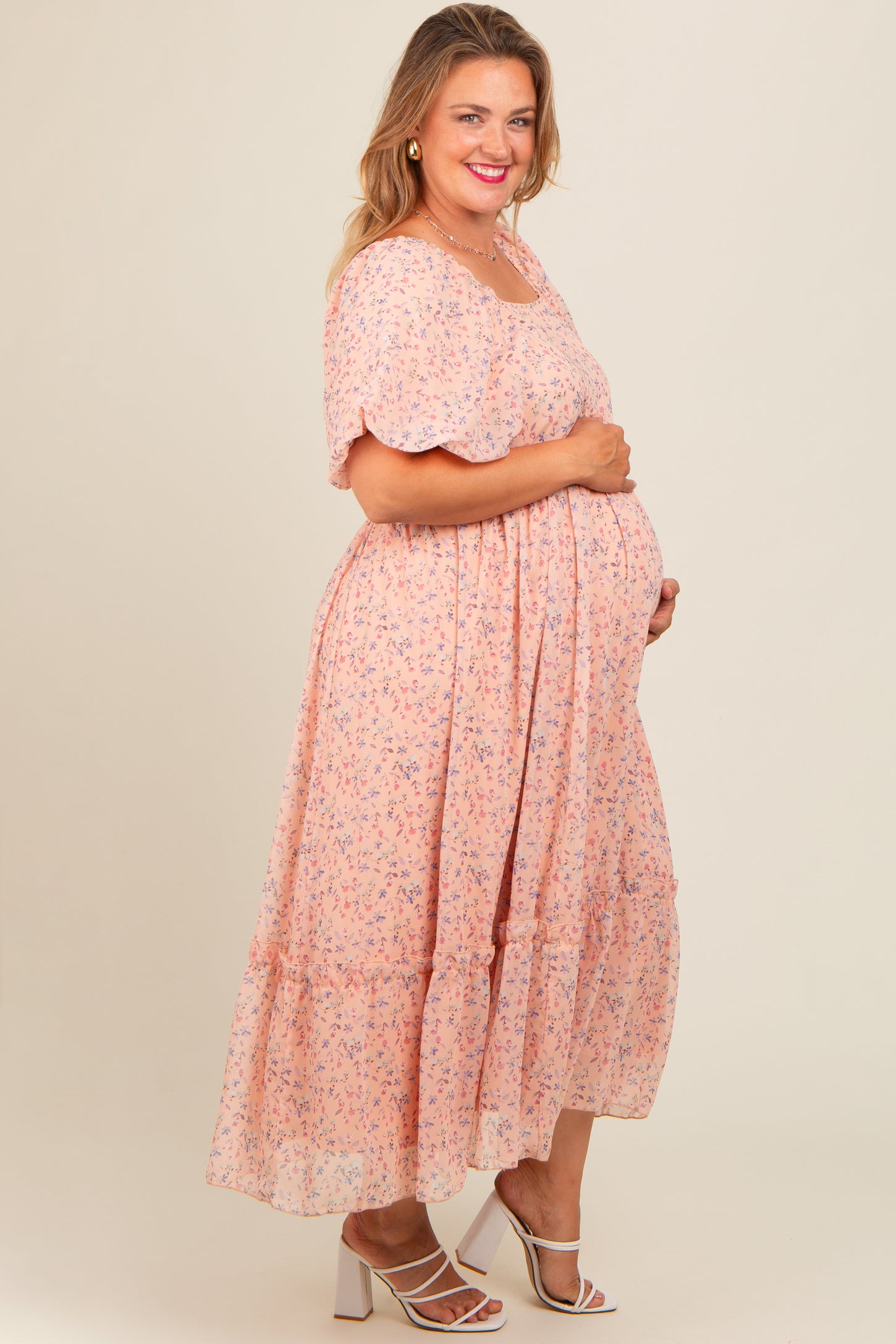 Peach Floral Ruffle Hem Maternity Plus Maxi Dress