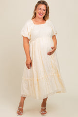 Cream Floral Square Neck Bubble Sleeve Plus Maternity Maxi Dress