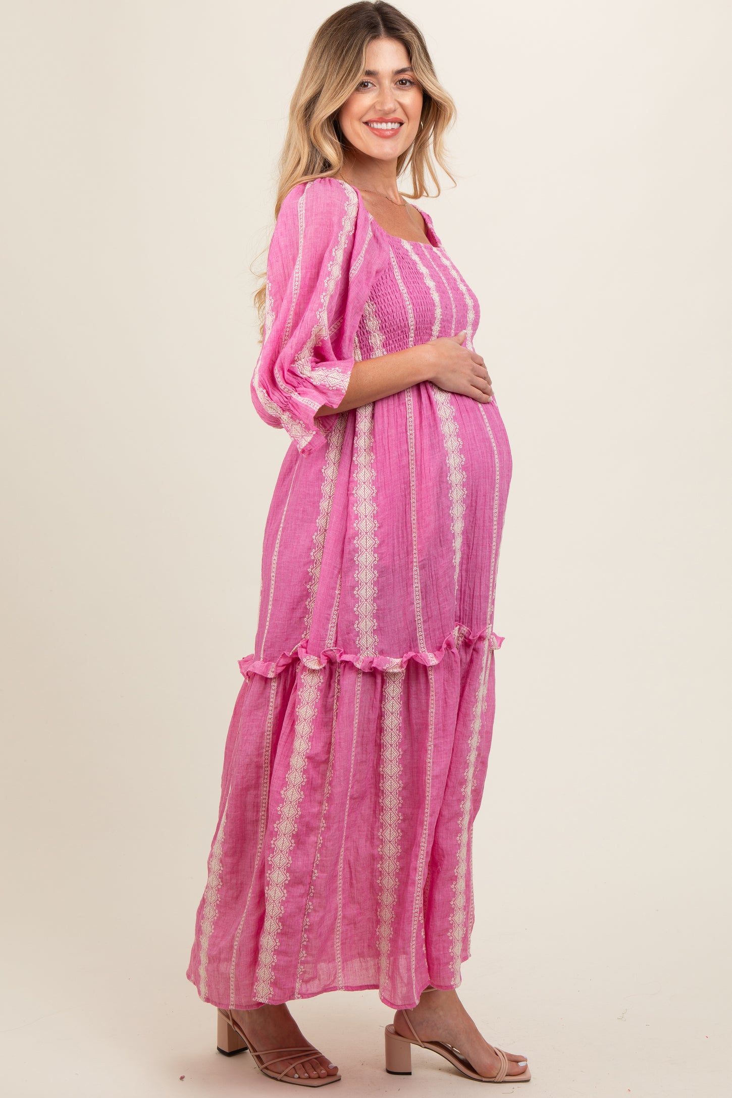 pink smocked maternity dress Pink Smocked Top Lace Maternity Maxi Dress