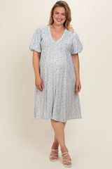 Light Blue Floral Puff Sleeve Plus Maternity Midi Dress