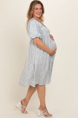 Light Blue Floral Puff Sleeve Plus Maternity Midi Dress