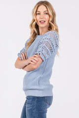 Light Blue Open Knit Short Puff Sleeve Sweater Top