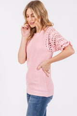 Light Pink Open Knit Short Puff Sleeve Sweater Top