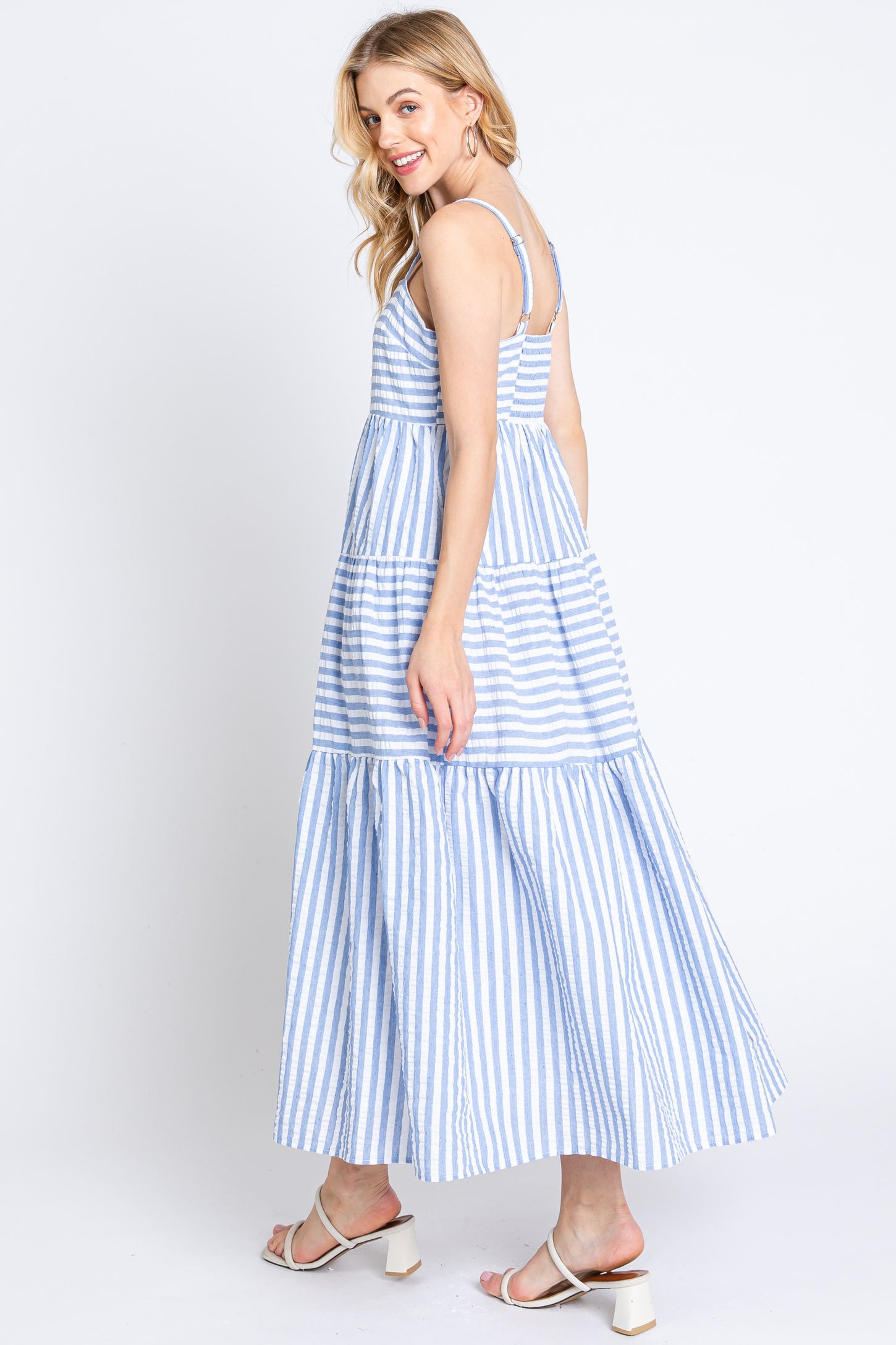 Blue Striped Sleeveless Tiered Maxi Dress