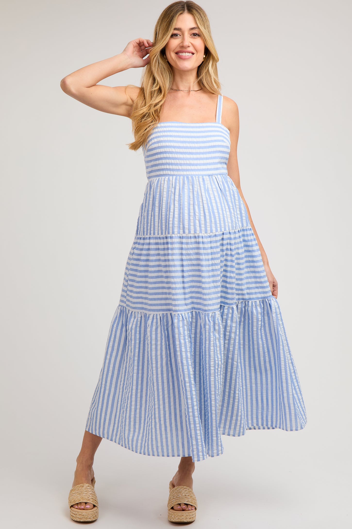 Blue Striped Sleeveless Tiered Maternity Maxi Dress PinkBlush Blue Striped Sleeveless Tiered Maternity Maxi Dress PinkBlush