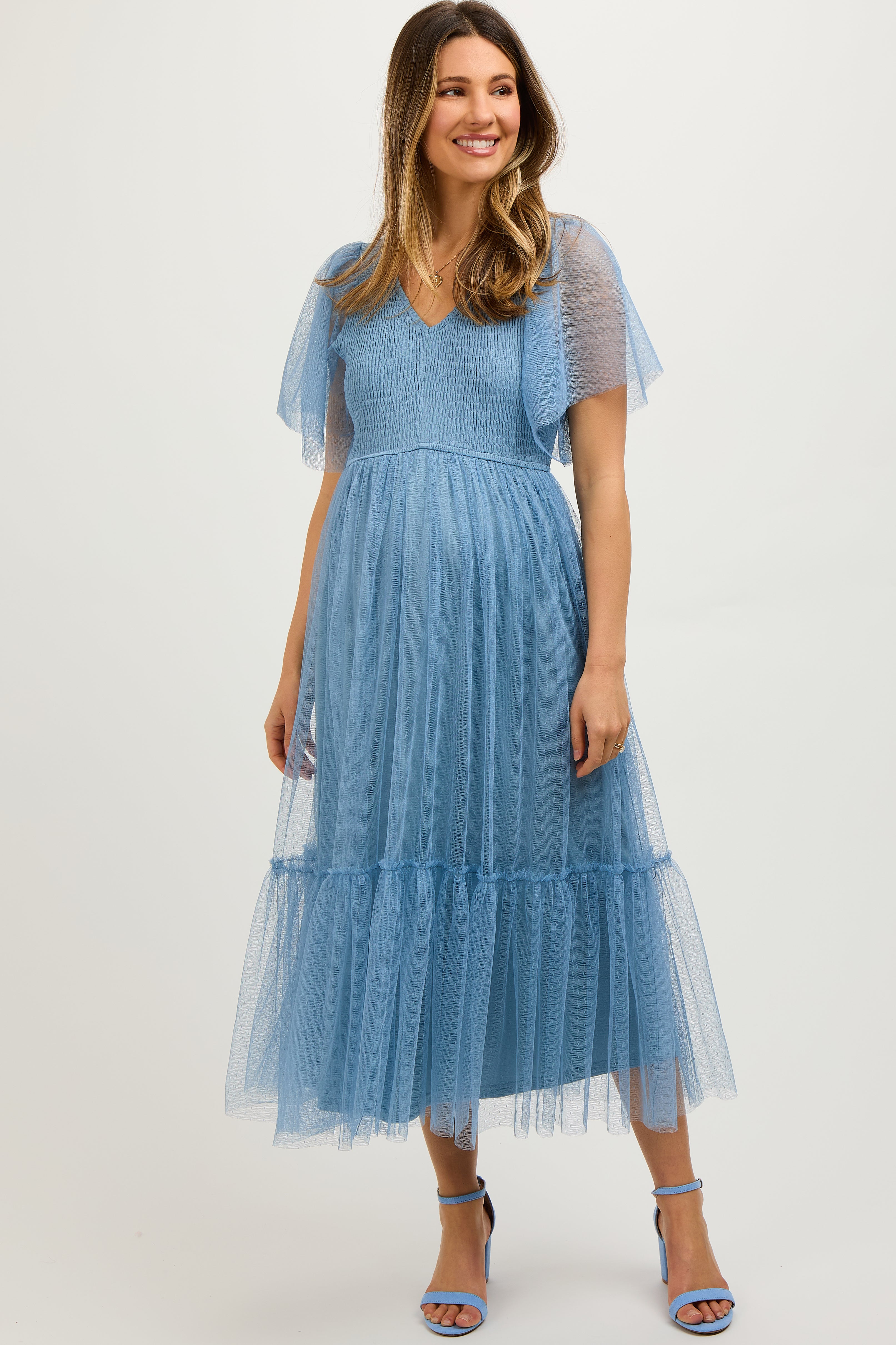knee length dresses for ladies Pinkblush Blue Dotted Tulle Smocked Maternity Midi Dress