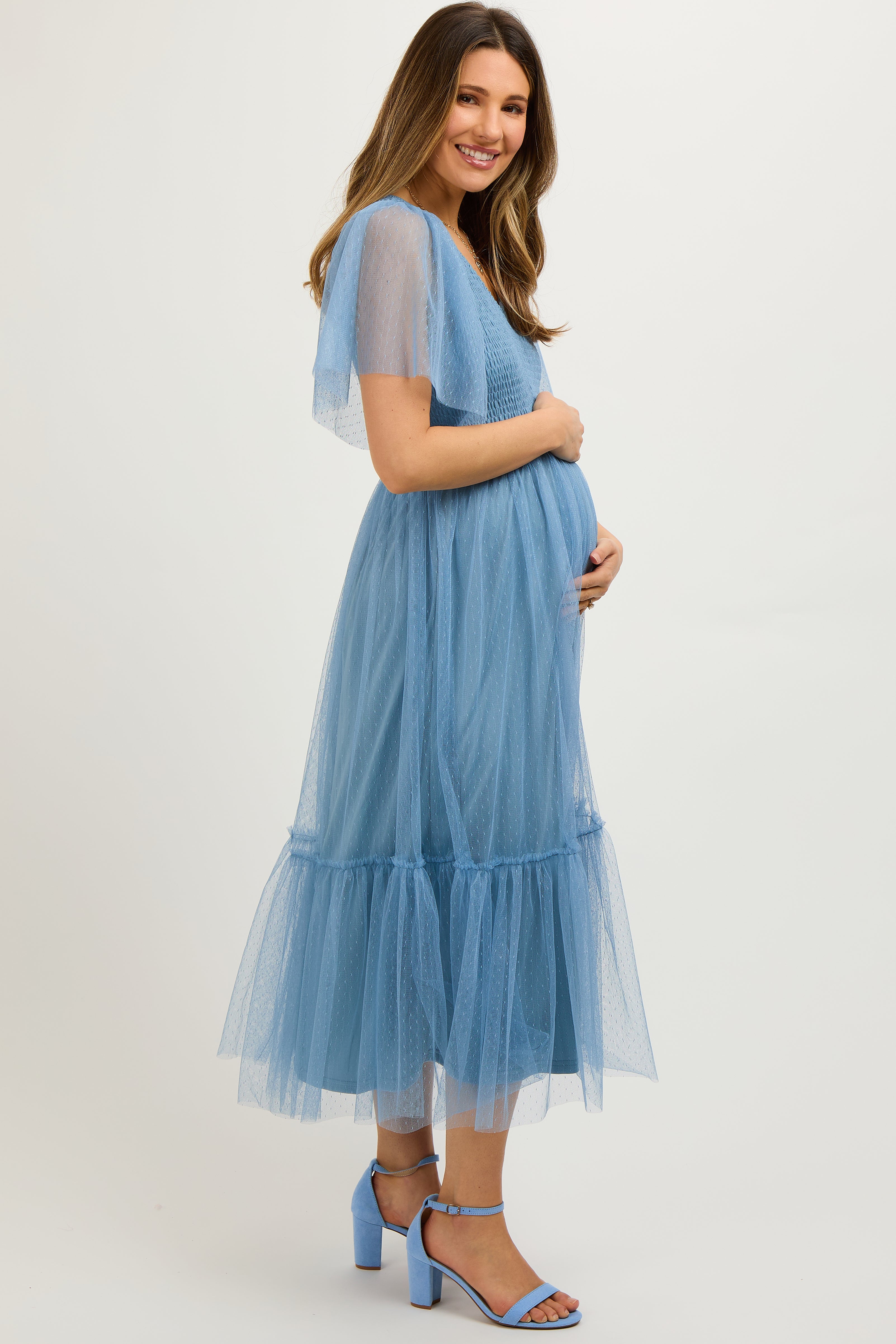 PinkBlush Blue Dotted Tulle Smocked Maternity Midi Dress