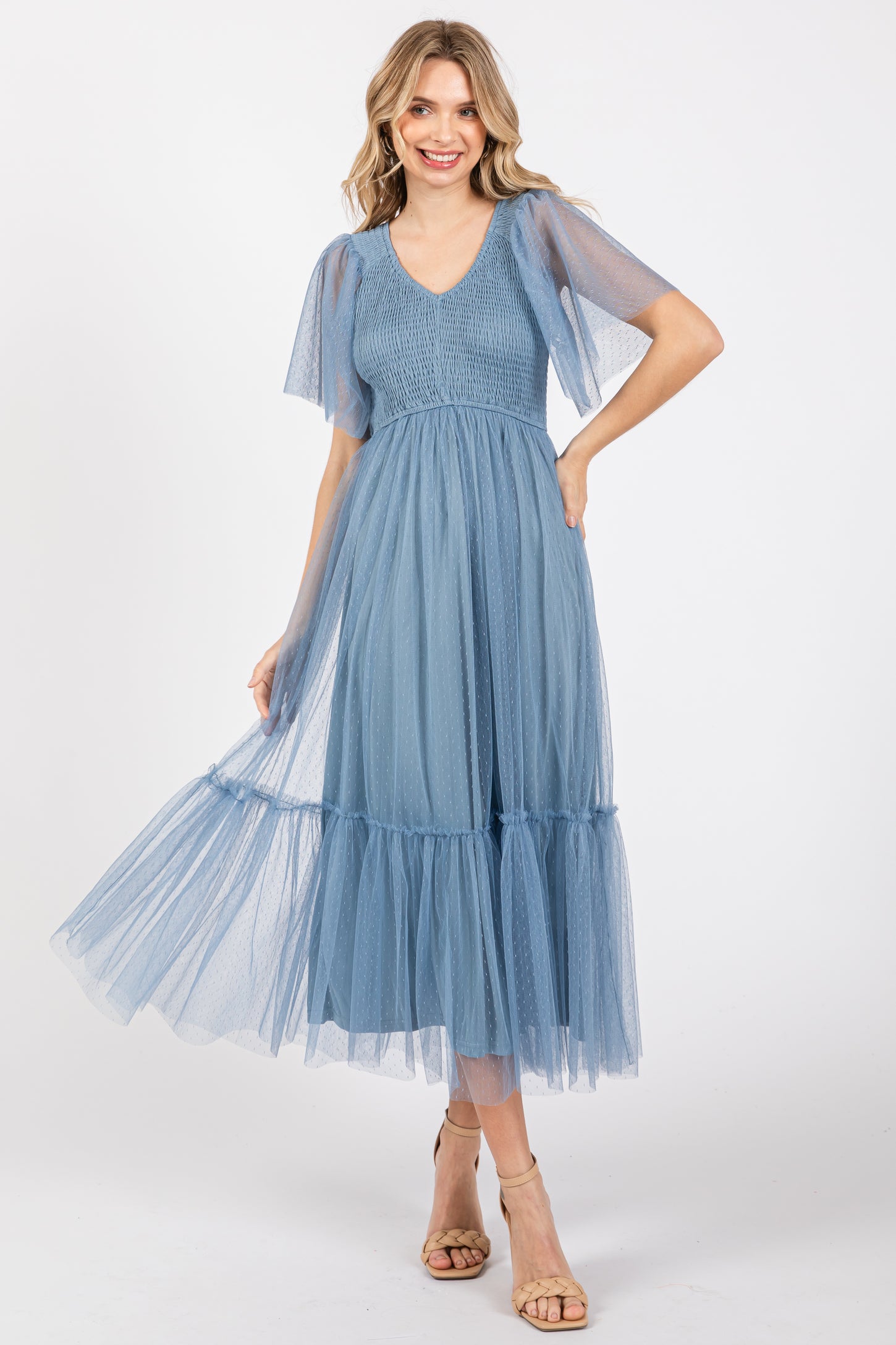 Pinkblush Blue Dotted Tulle Smocked Maternity Midi Dress Pinkblush Blue Dotted Tulle Smocked Maternity Midi Dress