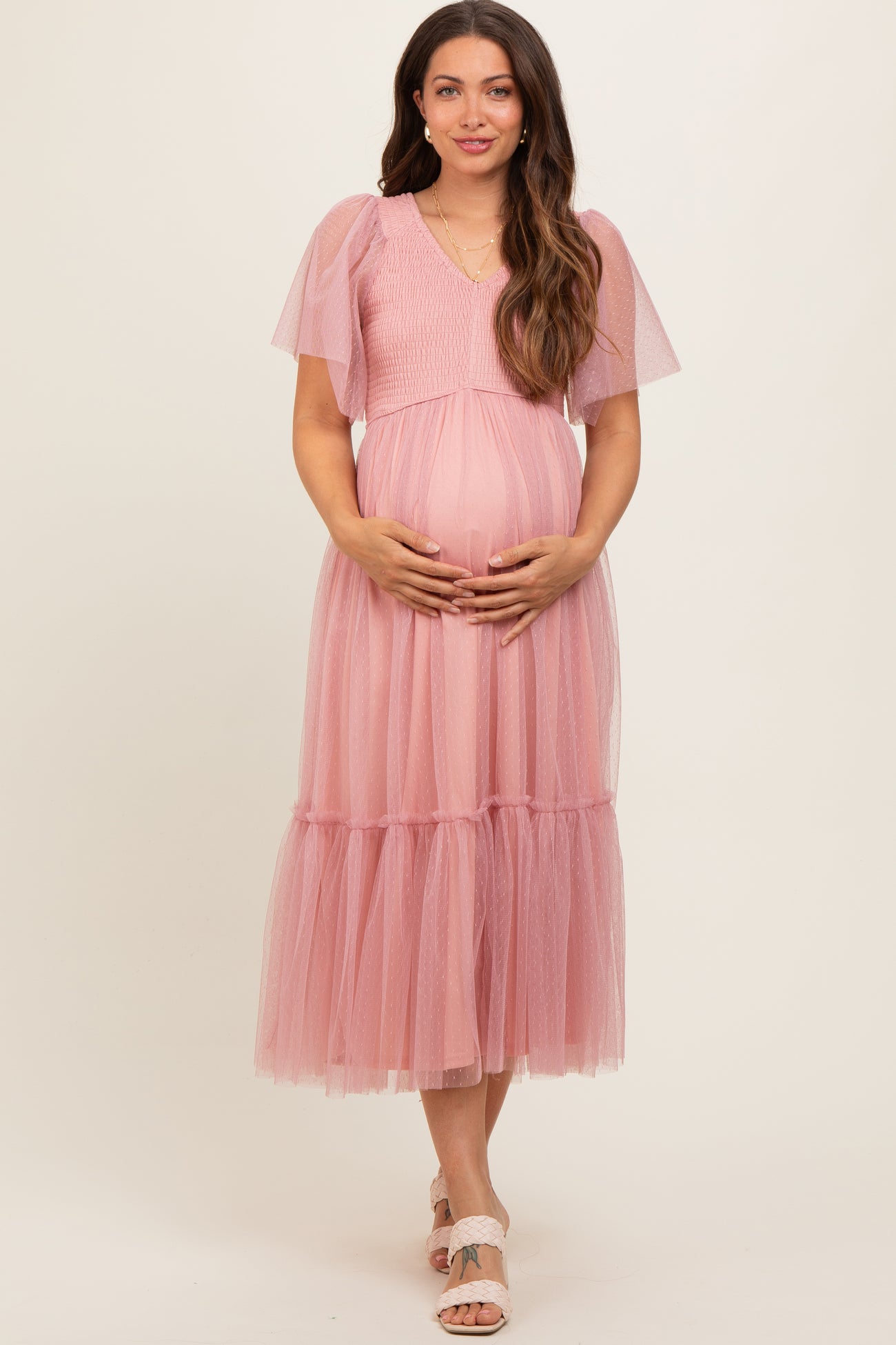 PinkBlush Mauve Dotted Tulle Smocked Maternity Midi Dress Large