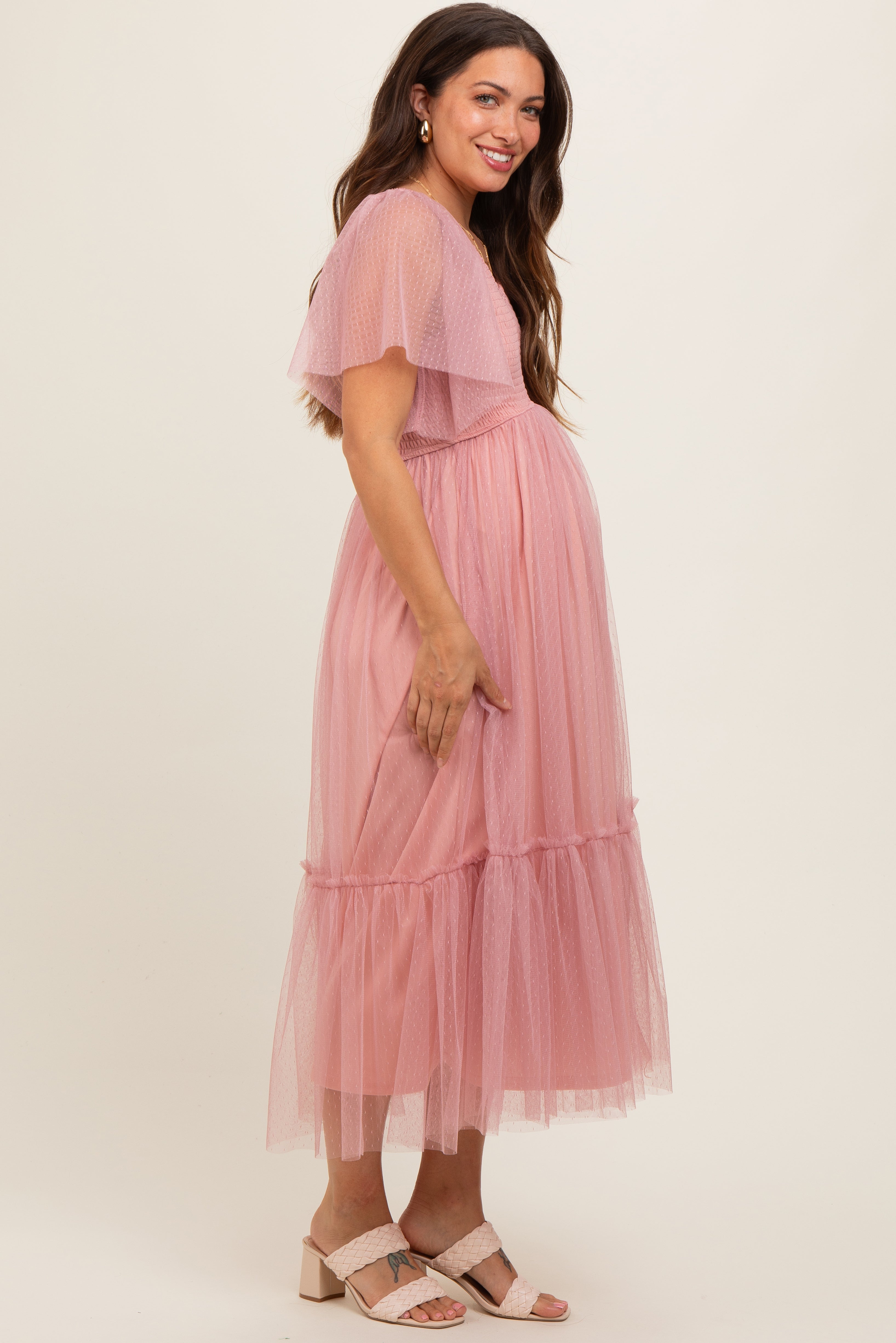 PinkBlush Mauve Dotted Tulle Smocked Maternity Midi Dress Large