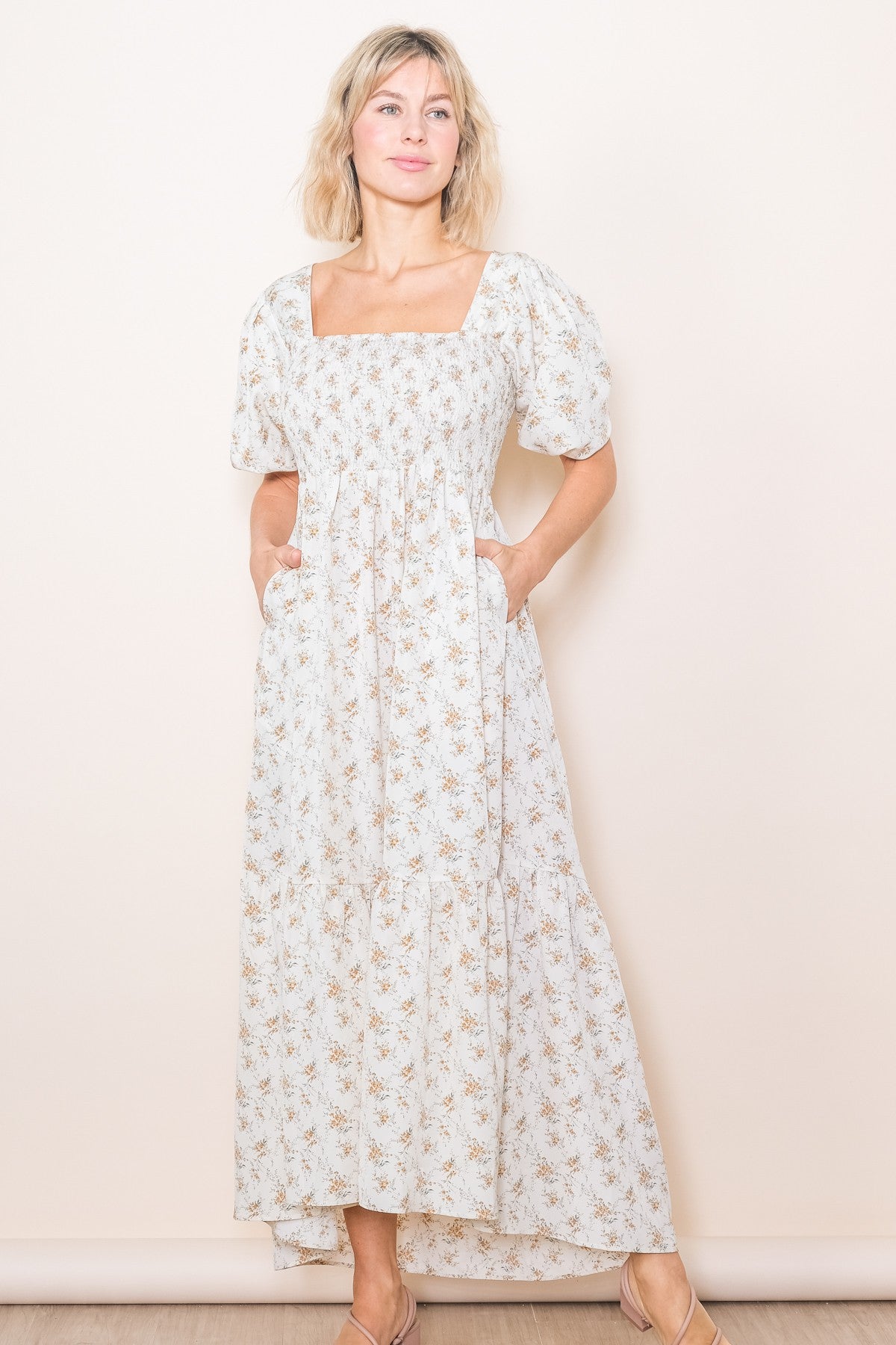 cream puff sleeve midi dress Cream Puff Sleeve Back Tie Dress