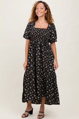 Black Floral Smocked Square Neck Short Puff Sleeve Midi Dress