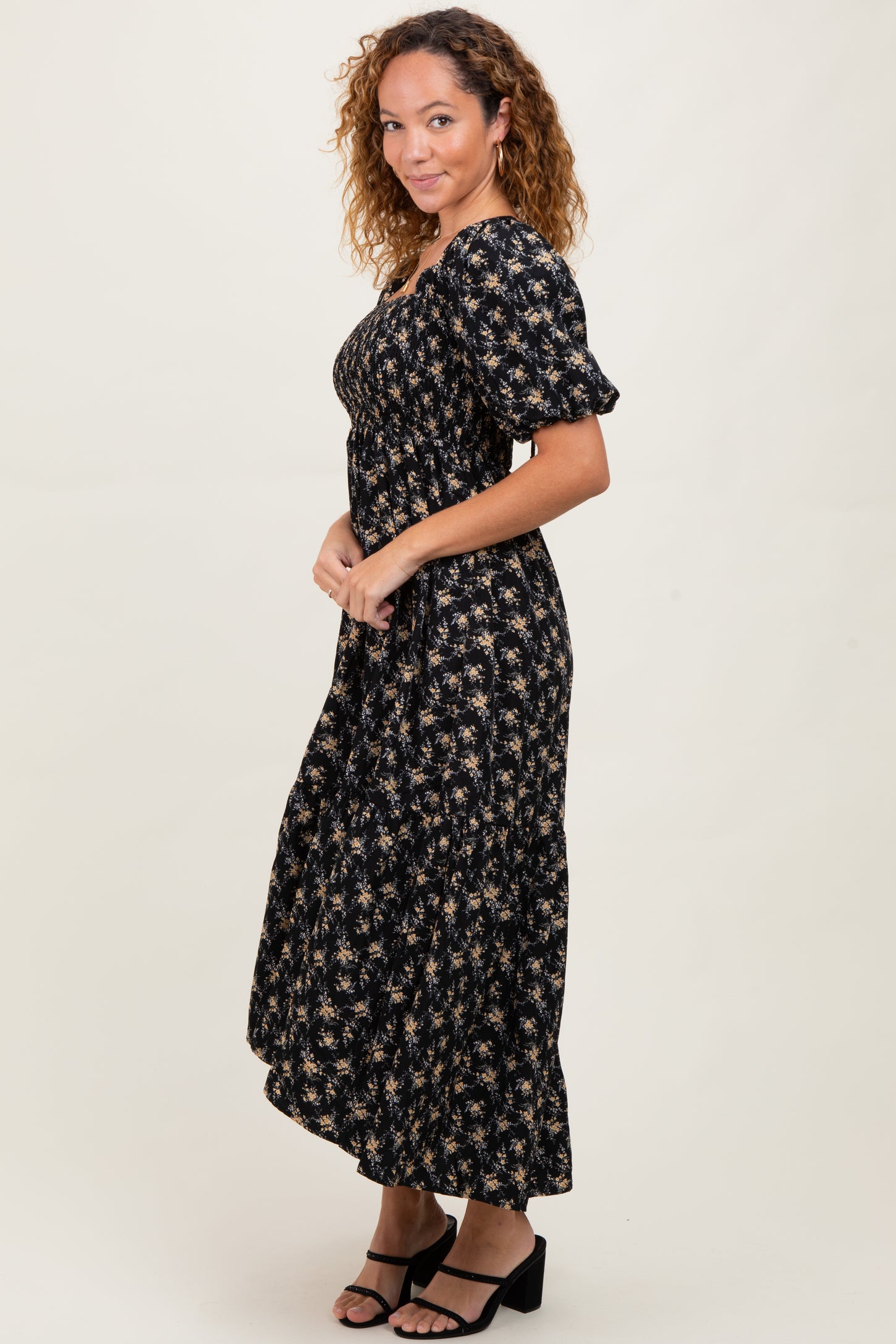 Black Floral Smocked Square Neck Short Puff Sleeve Midi Dress