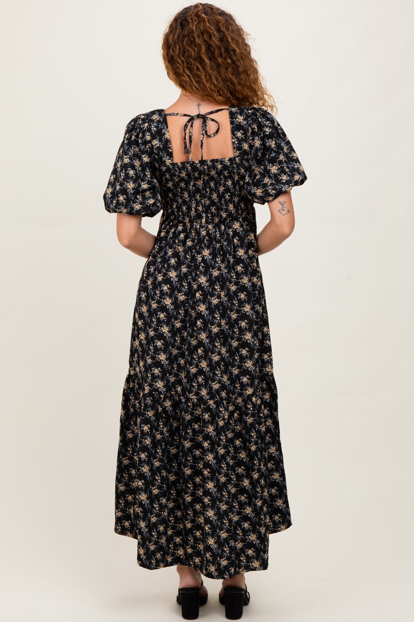 Black Floral Smocked Square Neck Short Puff Sleeve Midi Dress